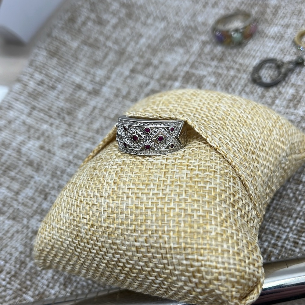 Vintage HJS 925 Sterling Silver Filigree Garnet Ruby Band Ring Size 5 Korea - Picture 8 of 15